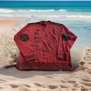 Royal Prestige Embroidery Quarter Zip Sweater Elbow Patch Burgundy Men Size 3XL